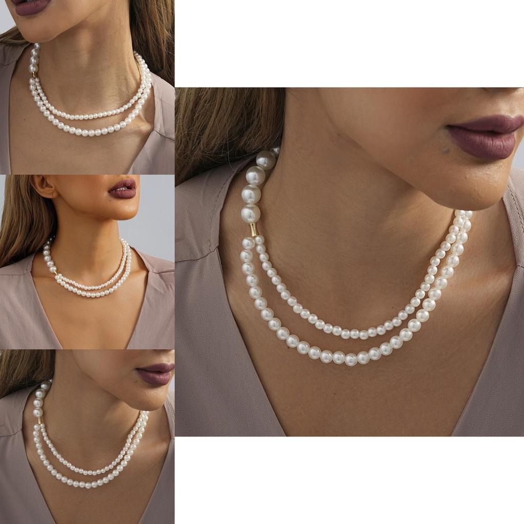 Double Beautiful Layer Pearl Necklace For Women Fashionable Geometric Design In Color White