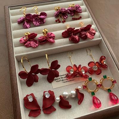 French Romantic Burgundy Petal Fringed Soft Earrings Earrings Unique Light Luxury Niche Design Autumn And Winter Earrings