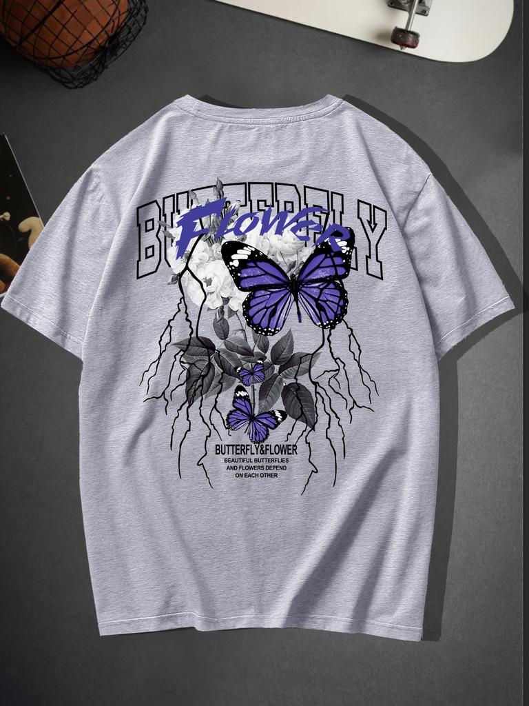 Summer Men's Casual Round Neck Short Sleeved Butterfly and Floral Print Pure Cotton Casual Oversized Loose Breathable T-shirt