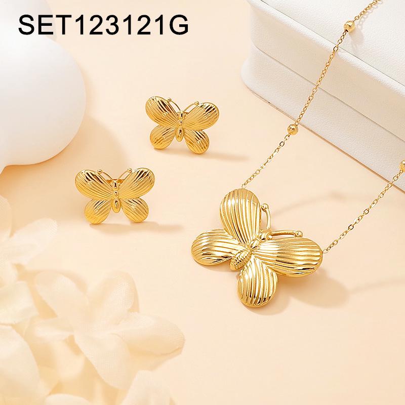 Gold and Silver-Plated Titanium Butterfly Pendant Necklace and Earring Set - Light Luxury Women's Jewelry Clavicle Chain