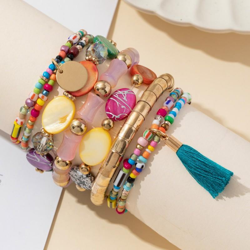 Handmade Bohemian Style Colorful Seed Bead Tassel Bracelet Women Layering Jewelry Geometric Design