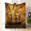 Vintage World Map Blanket Pirate Ship Design Old Style Nautical Theme Fleece Throw Decorative Home Textile Gift For Travel