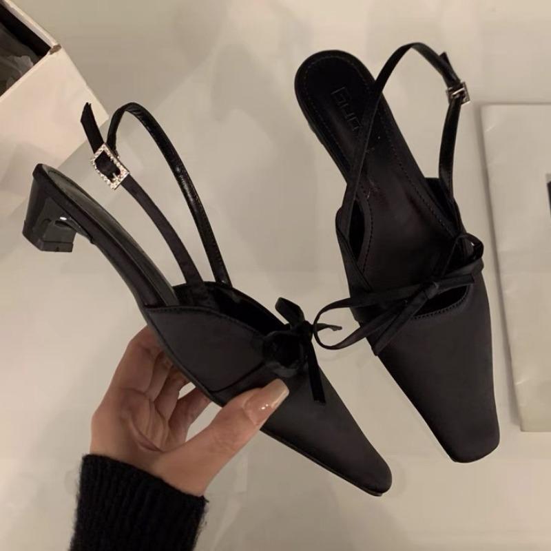 

Fashion Spring New Baotou Sandals Women Fashion Square Head Shallow Mouth Satin Bow Anti-slip Wear-resistant Thick Heel Shoes 40 чёрный