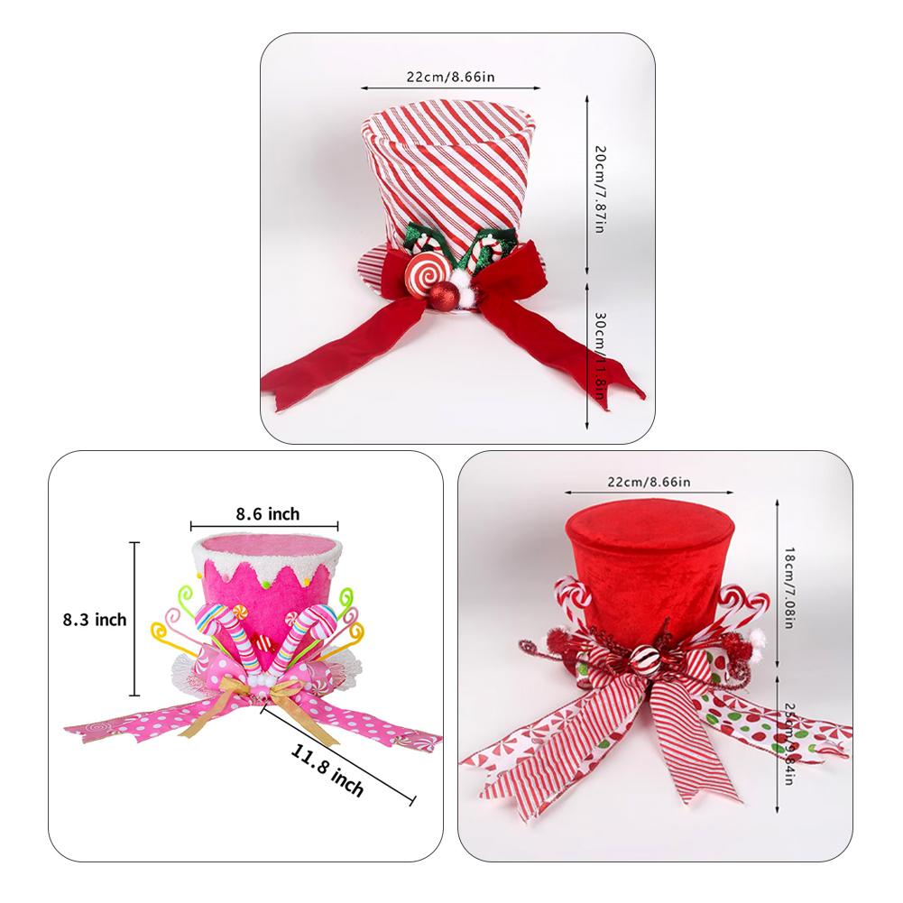 Roter Weihnachtsbaumspitzenhut mit Schleife, Zuckerstangendekoration, Winterfeiertagsbaumdekor
