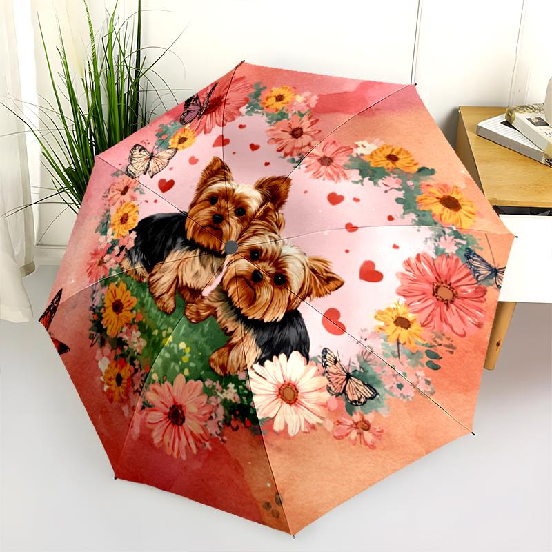 Yorkshire Terrier and Heart pattern, automatic folding umbrella, portable and foldable design, 8 ribs, a Christmas or birthday gift.