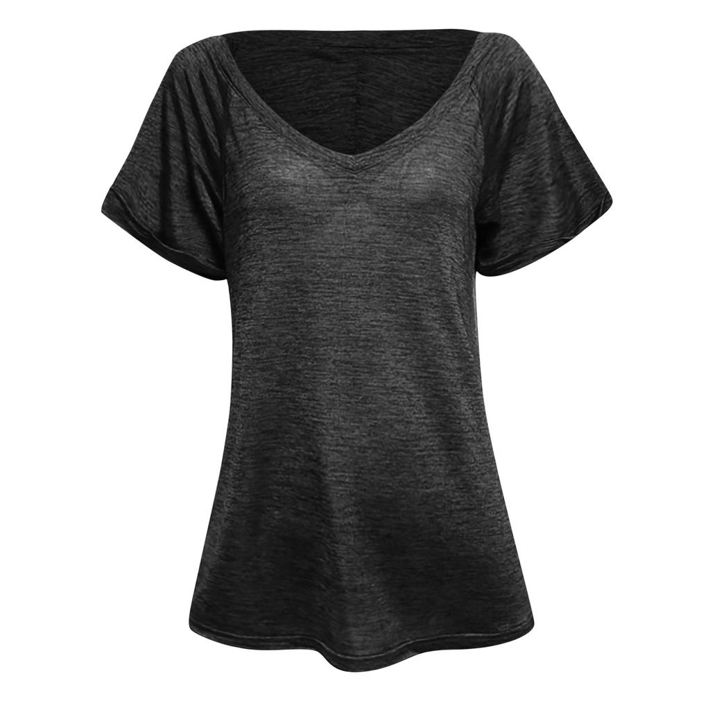 Fashion Womens Summer  V-neck Solid Color Short-sleeved Loose T-shirt Top