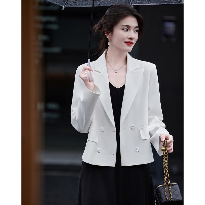Demana CBD Chic Peaked Lapel Double-Breasted Short Blazer with Irregular Split