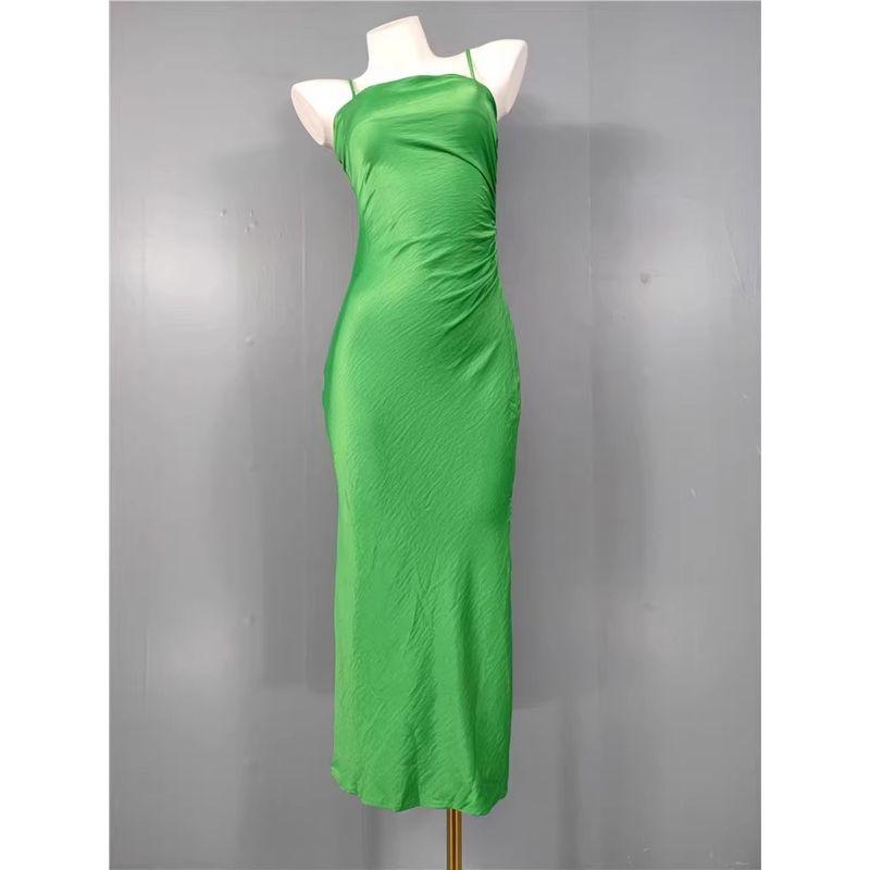 Foreign Trade Order Ho Home Sling Smooth Satin Wrap-around Square Collar Pleat Split Temperament Elegant Summer New Dress