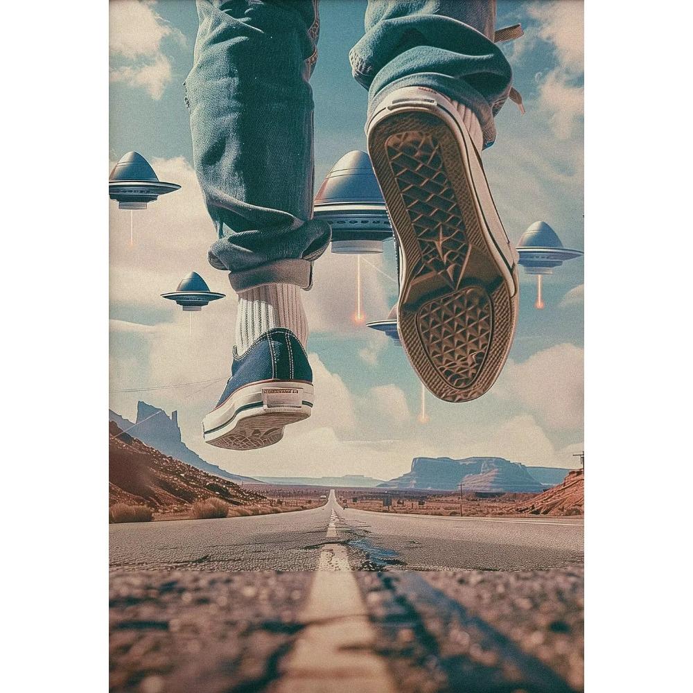 Surreal Cosmos Space UFO Sci Fi Poster Vintage Astronaut Alien Desert Canvas Painting Trendy Wall Art for Living Room Home Decor