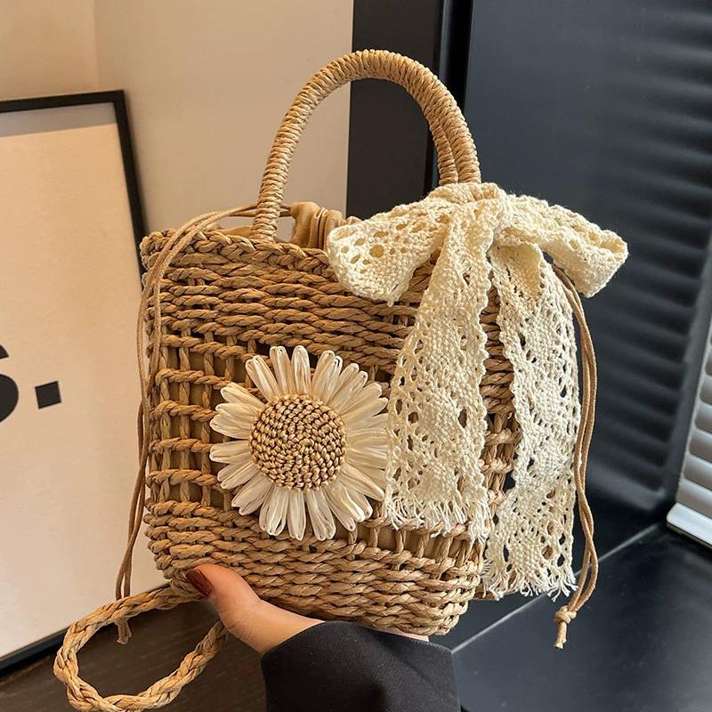 Women Straw Woven Handbag Daisy Flower Lace Bow Summer Beach Bag Small Tote Crossbody Boho Style Shoulder Bag