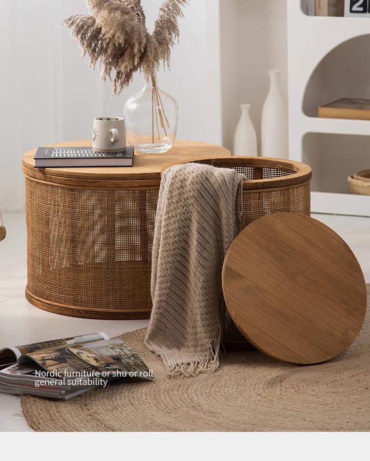 Japanese Round Coffee Table Living Room Rattan Woven Side Table Clamshell Storage Room Desks Multi-functional Home Furniture
