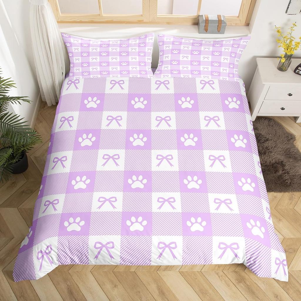 Comforter Geometric Plaid Cute Bow Queen King Size For Adults And Teens Cartoon Animal Footprint Bow Bedding Set 3 Piece Set