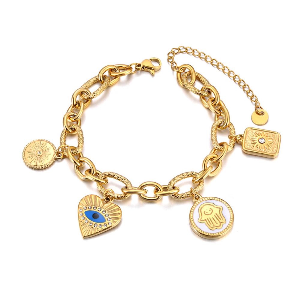 Lokaer Gold-Tone Spiritual Charm Bracelet Stainless Steel Sun Evil Eye & Hamsa Hand Chain for Women Protective Jewelry B25057