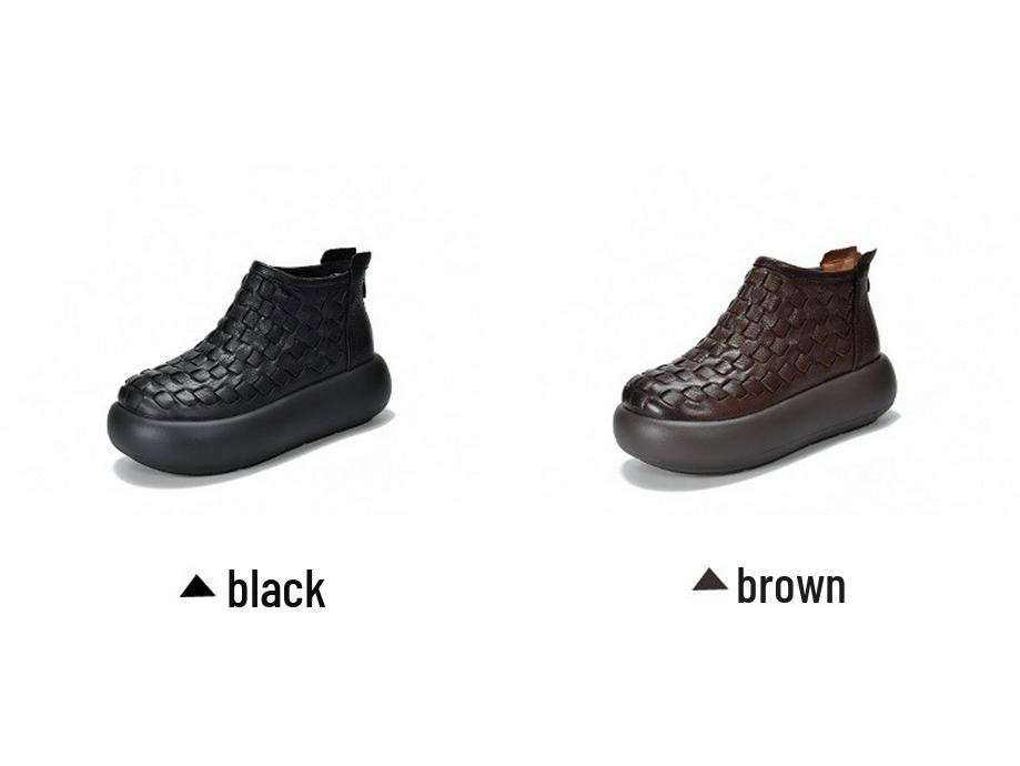 Women's Retro Handmade Genuine Leather Platform Ankle Boots - 2025 Design, Knitted Thick Sole, First Layer Cowhide Cotton Boots