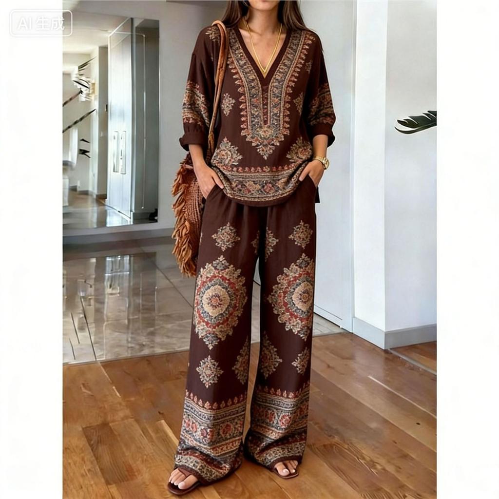 Loose Casual Y1 New V-neck Top Wide-leg Pants Two-piece Women's Clothing European and American Fashion Suit