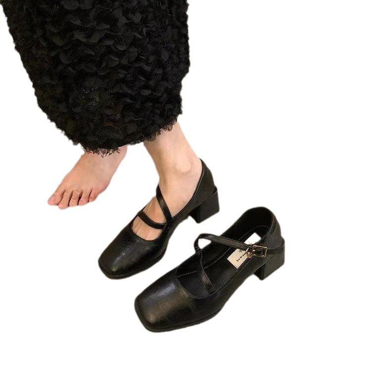 Thick Heel Square Head Mary Jane Small Leather Shoes Women's British Spring and Autumn Shoes Light Mouth Single Shoes Women's Temperament French Retr