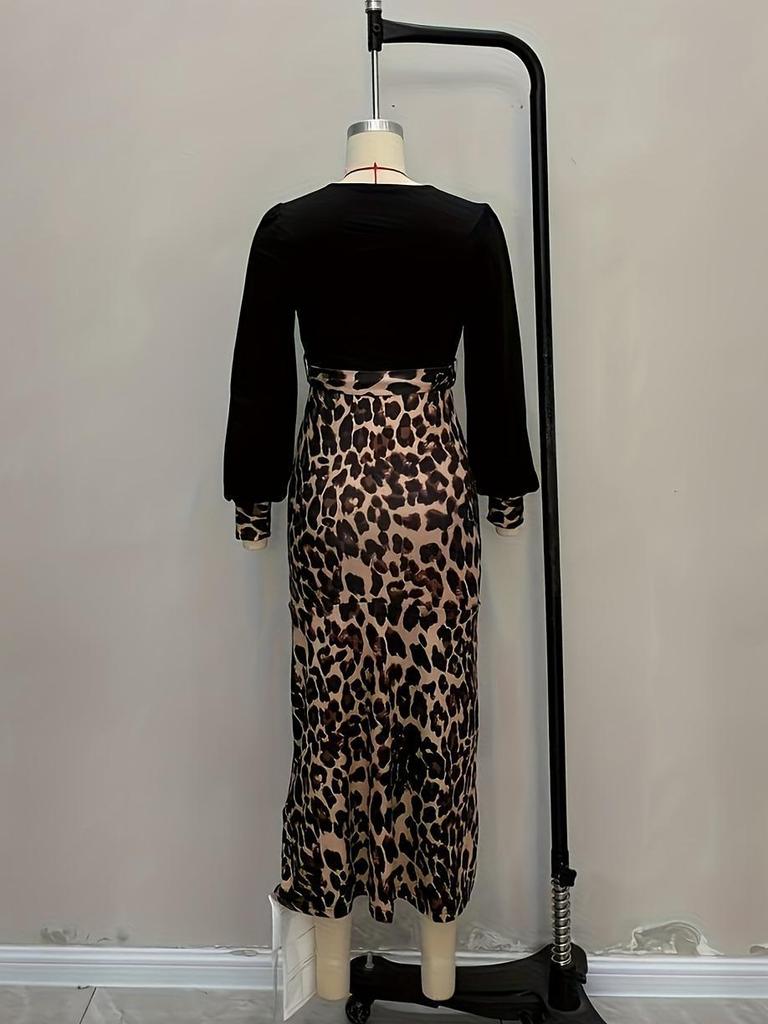 Elegant European & American Leopard Print V-Neck High Slit Black Dress
