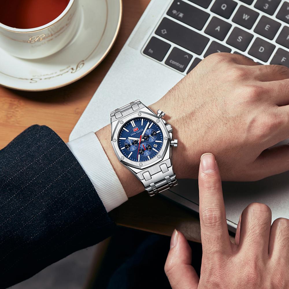 MINI FOCUS Business Quartz Watch for Men Multifunctional Dial Calendar Stainless Steel Strap Waterproof Sport Mens Watches 0609G
