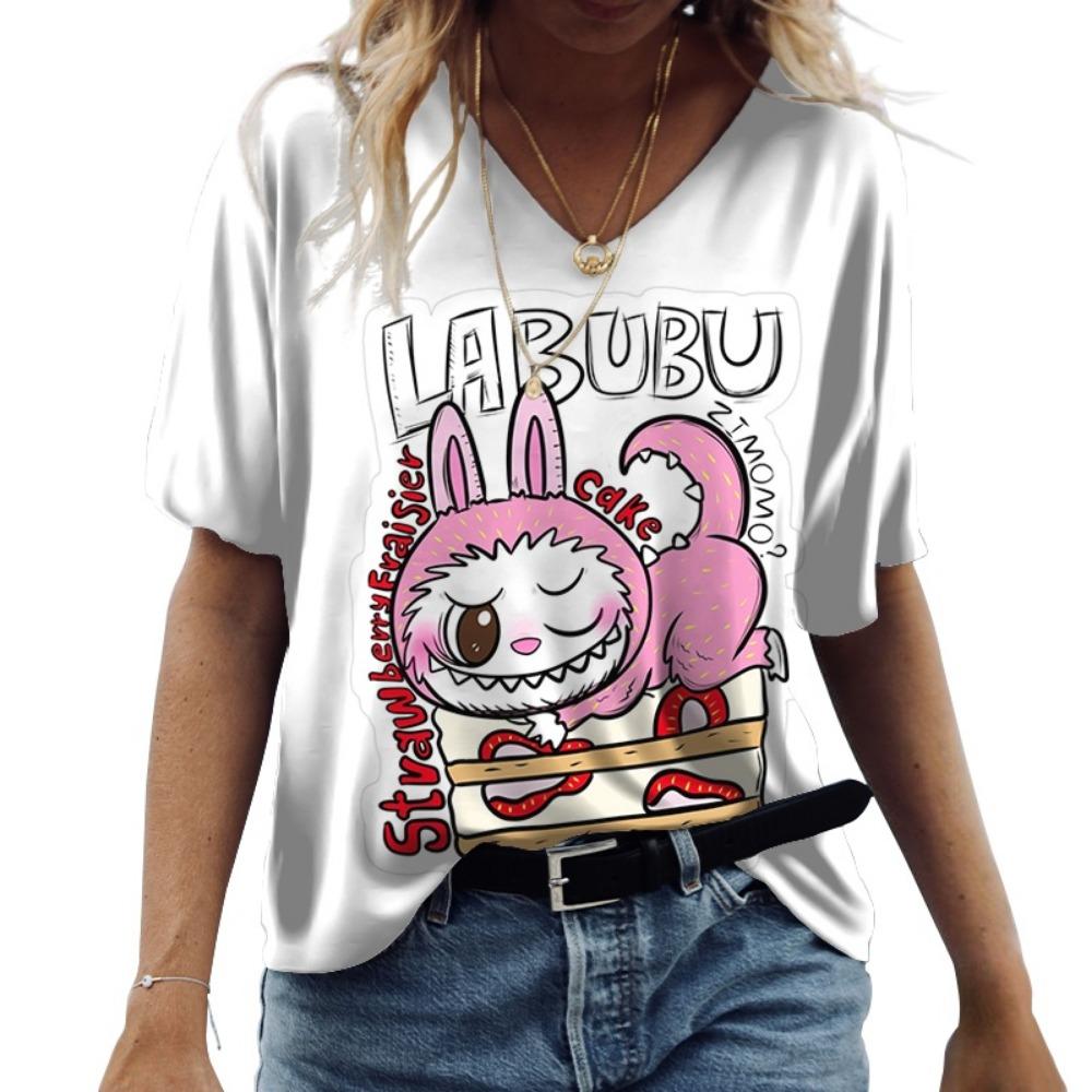 

Бавовняна футболка з коротким рукавом Labubu, Літо 2025, З рукавом до ліктя, У стилі інс, Універсальний вуличний одяг, Повсякденна жіноча футболка з коротким рукавом S