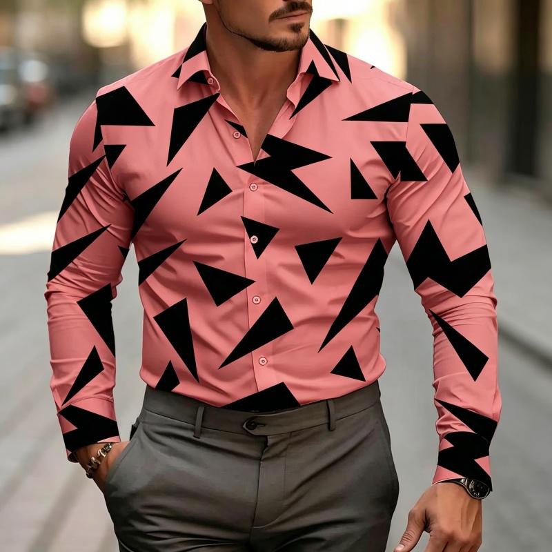 Men's Geometric Triangle Print Dress Shirt Long Sleeve Button Down Casual Slim Fit Business Party Tops For Men