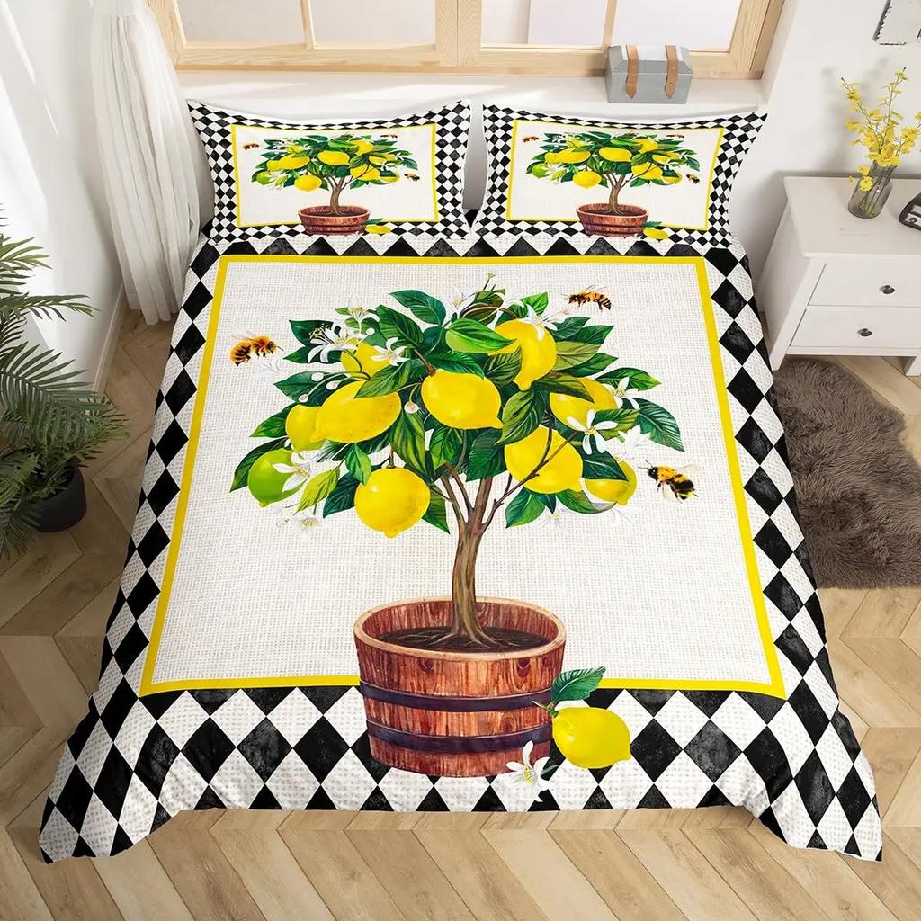 Lemon Duvet Cover Set,Bedding Set 3pcs for Teens Room,Botanical Natural Bright Yellow and Black Quilt Cover with 2 Pillowcases