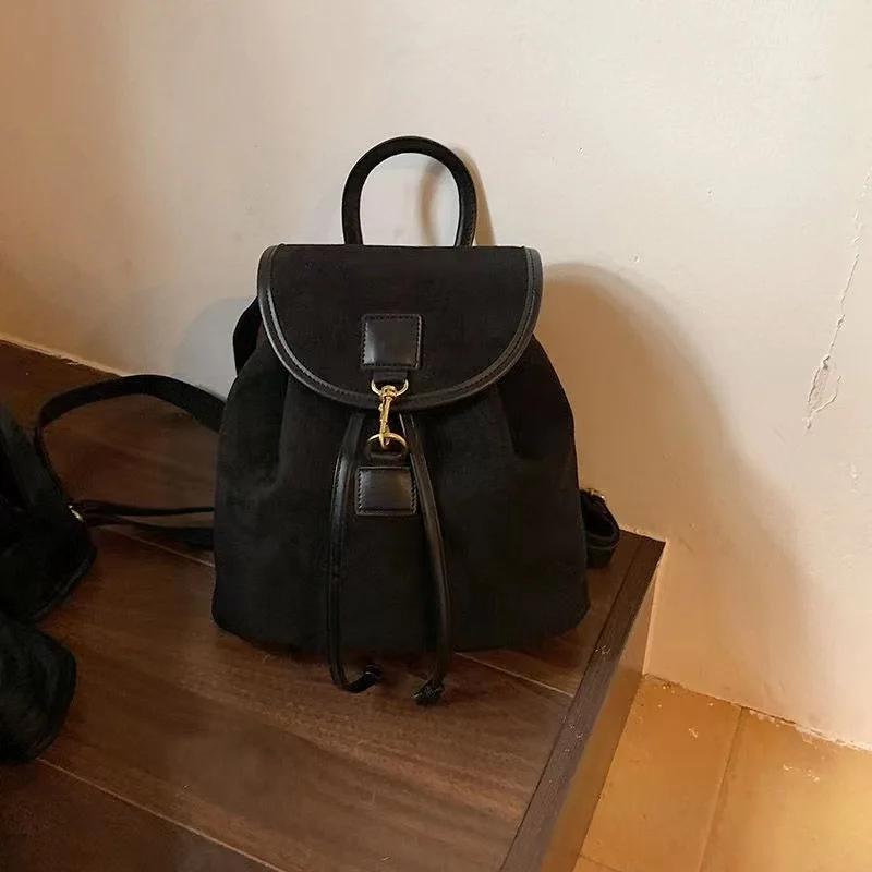 Vintage Velvet Backpack Women 2024 Fashion Casual Backpack All-Match Portable Bucket Bag Girls Schoolbag Large Capacity Handbag