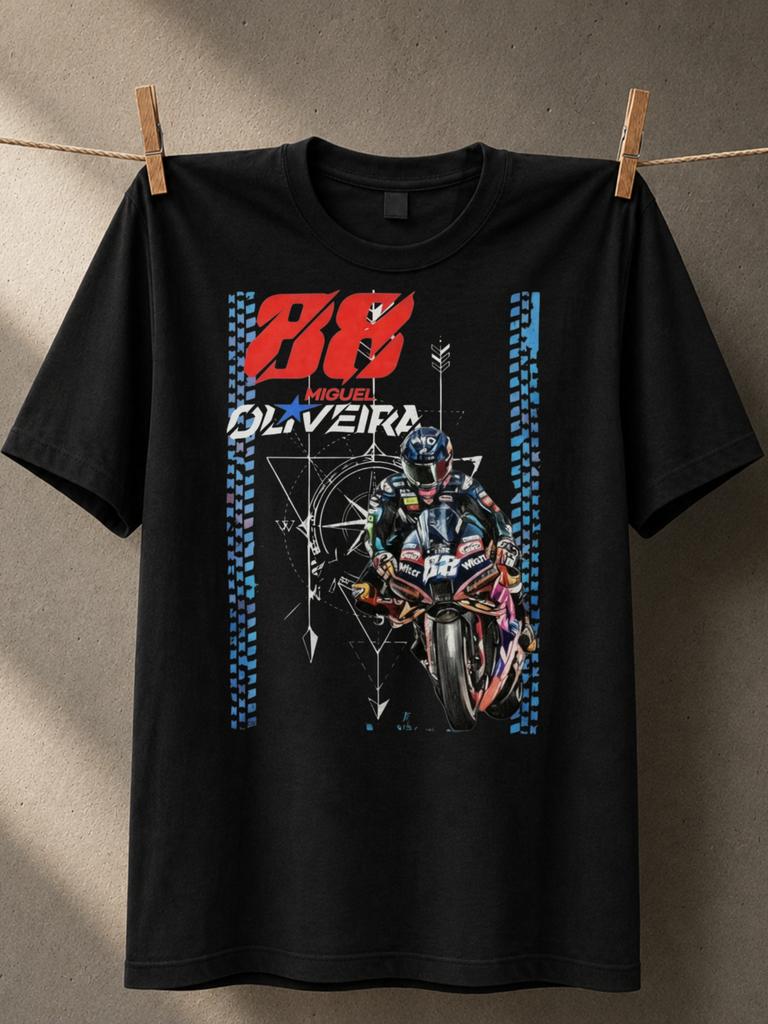 Miguel Oliveira 88 Racing Motorcycle Action Graphic With Red Number Blue Tire Stripes And Technical Unisex All TShirt