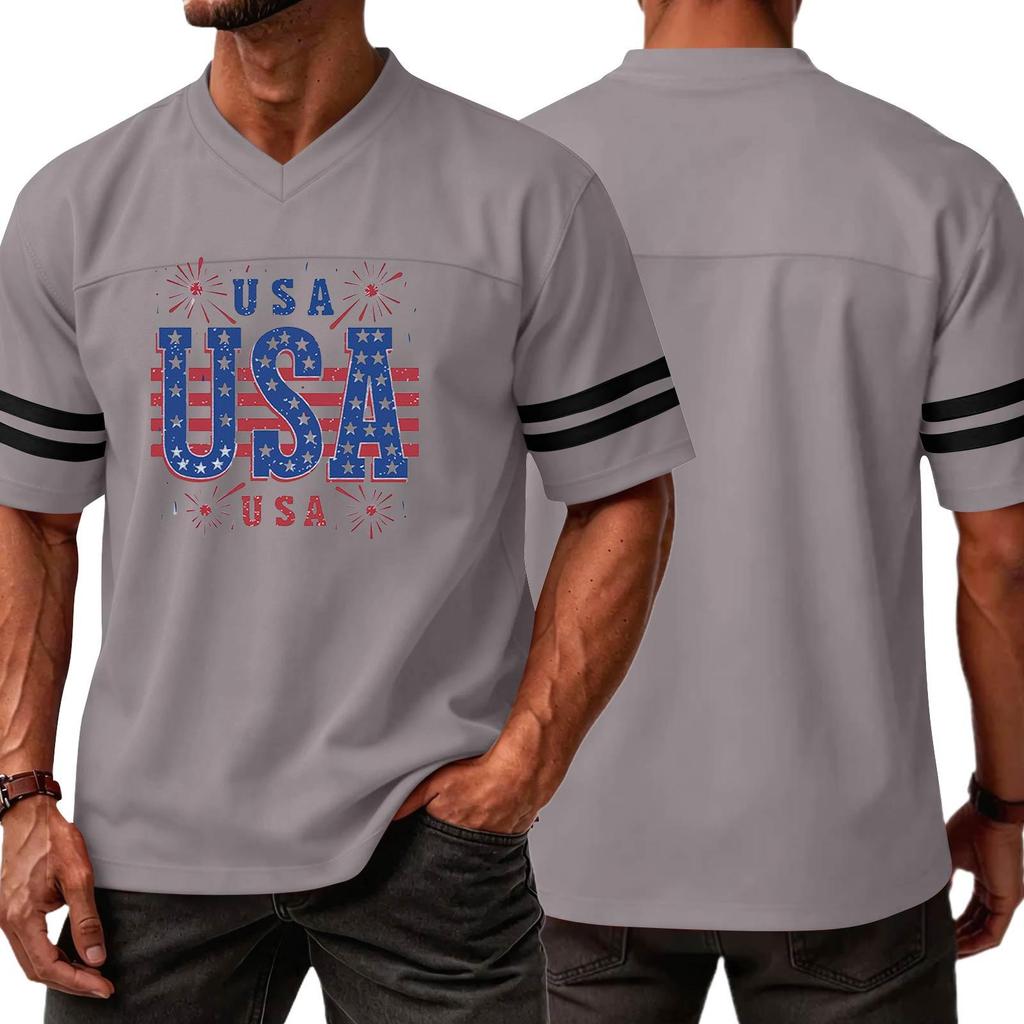 Men V Neck Casual Short Sleeve Sports T Shirt with USA Print Athletic Fit Comfortable Lightweight Top for Daily Wear