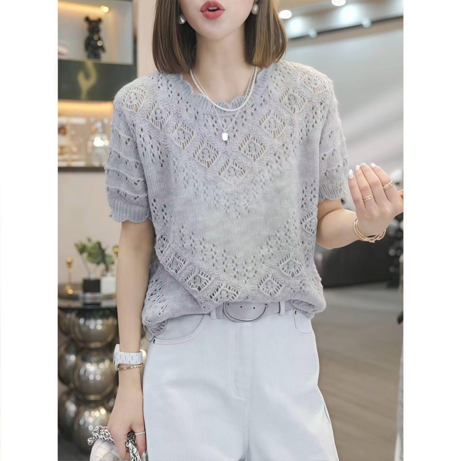 

Вязаный свитер, футболка с коротким рукавом для женщин, летний, с круглым вырезом, тонкий, свободный топ 3XL