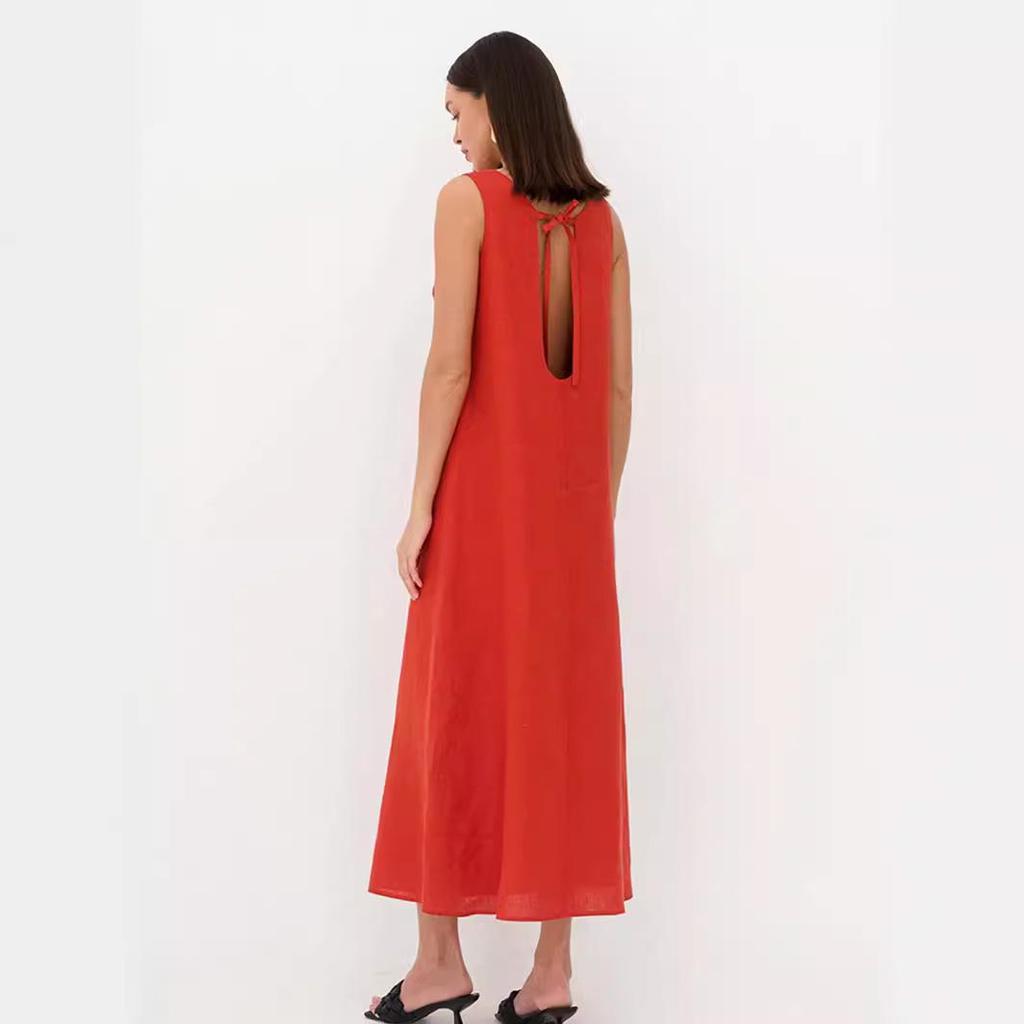 2024 Spring Women's Solid Color Cotton Linen A-line Tank Dress - French Loose Fit, Round Neck.