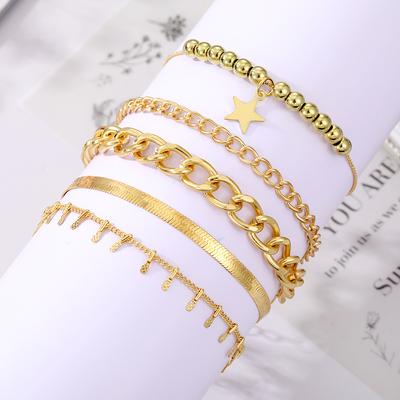 5pcs/Set Fashion Elegant Boho Ladies Vintage Luxury Bling Simple Gold Thick Chain Star Lock Pendant Irregular Bracelet