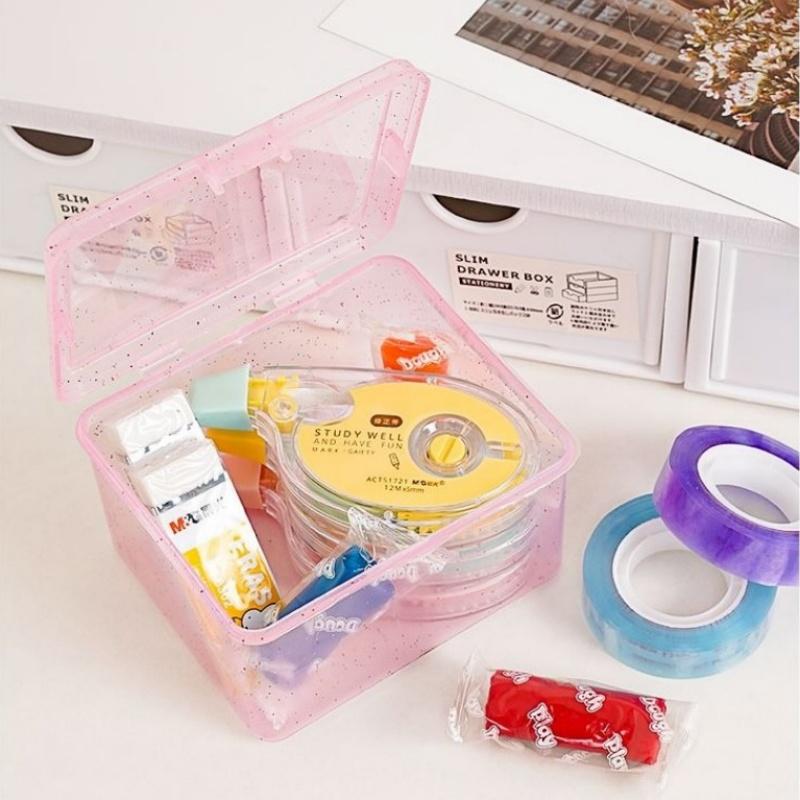Glitter Plastic Storage Box Photocards Organizer Box Classification Flip Cover Stationery Jewelry Sundries Desktop Storage Boxes