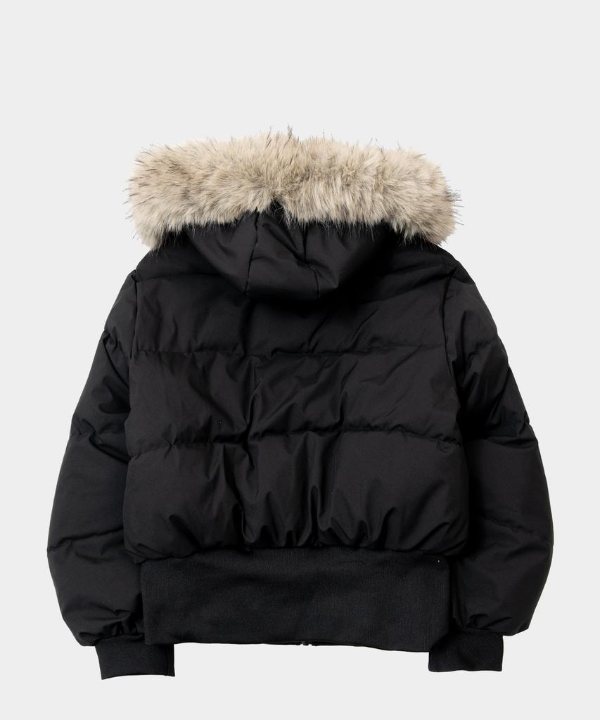 Some Place Hooded Fur Trimmed Soft High-Neck Quilted Semi-Crop Zip-Up Padded Jumper [Black]