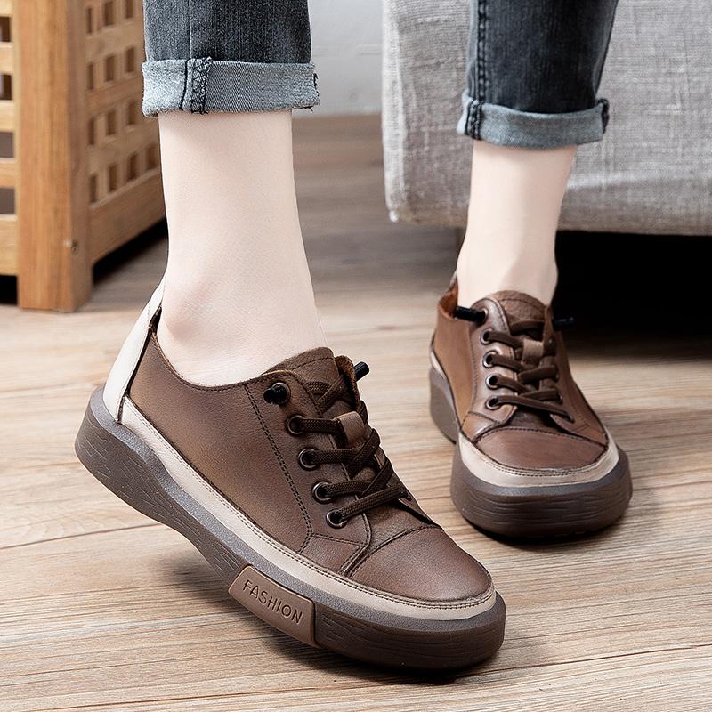 Fashion GKTINOO Genuine Leather Retro Women Sneakers Casual Lace Up Flat Ladies Shoes Fashion Breathable Comfort Women's Flat Shoes