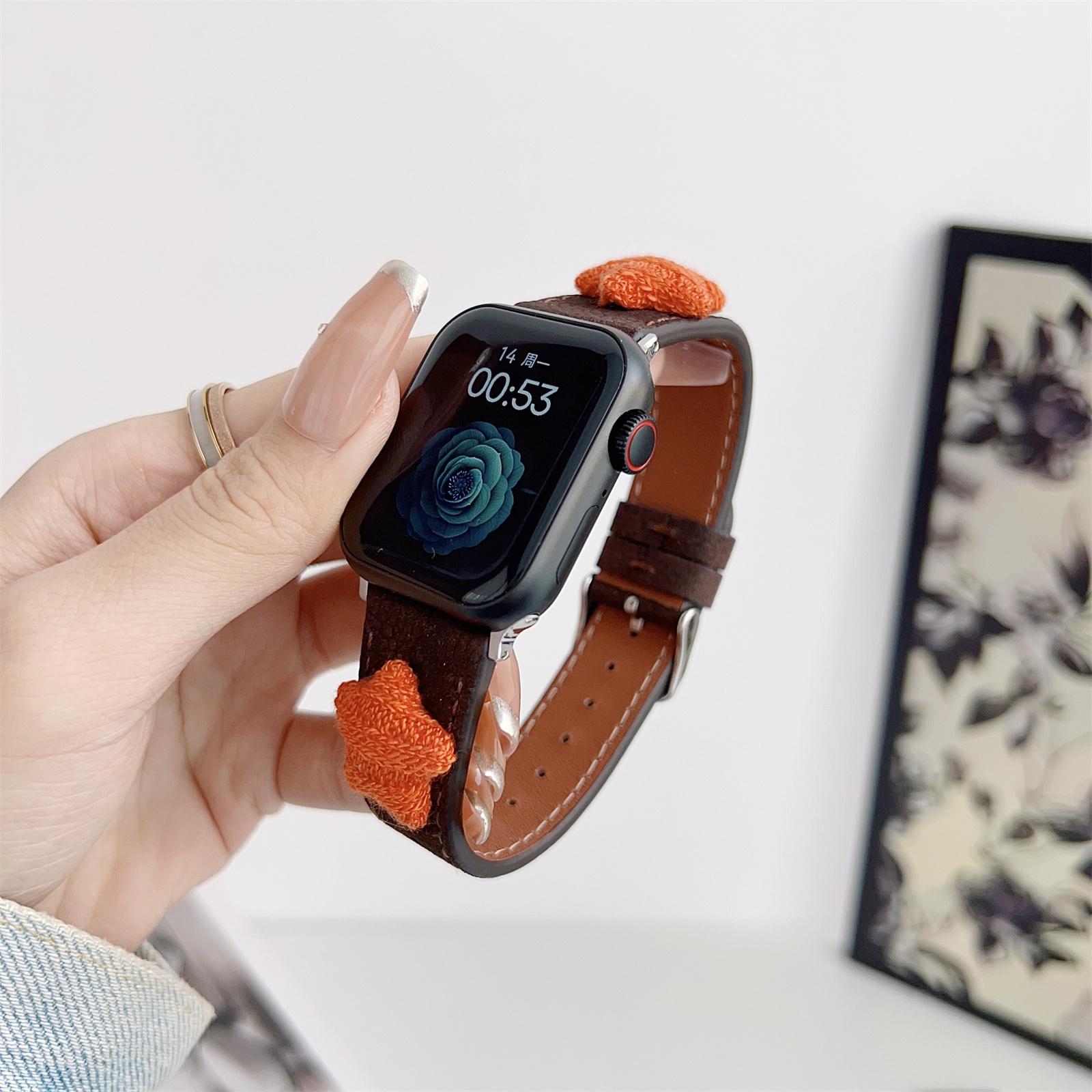 

Ремінець для Apple Watch Series 10 42mm/9 8 7 41mm/6 5 4 SE (2023) SE (2022) SE 40мм/3 2 1 38мм Ремінець для годинника з натуральної коров ячої шкіри з зірковим декором Khaki