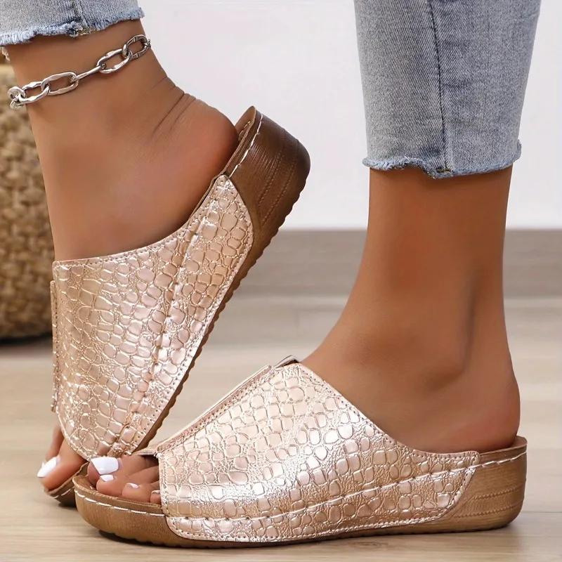 Women'S Casual Single Bandage Slippers Solid Color Snake Grain Leather Fish Mouth Peep Toe Sandals Summer Outdoors Shoes
