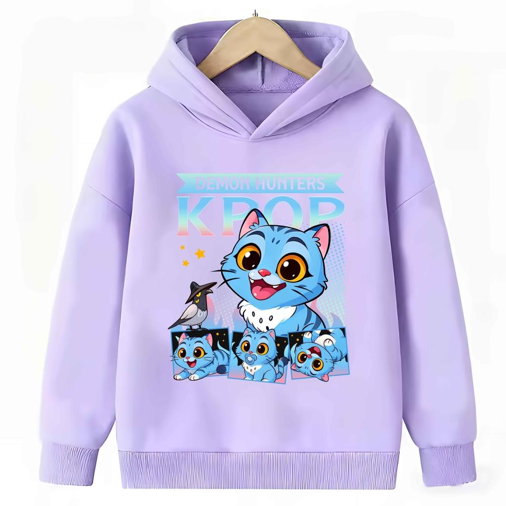 KPop Demon Hunter Cartoon Girls Boy Hooded Sweatshirt Warm Children's Purple Sweatshirt Fashion Casual Tops Girls Clothing