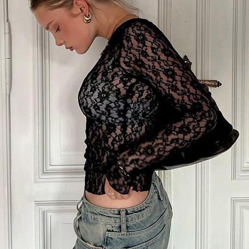 Casual Sexy Lace Crop Top for Women – Stylish Figure-hugging Long-sleeved Top for Night Out Summer