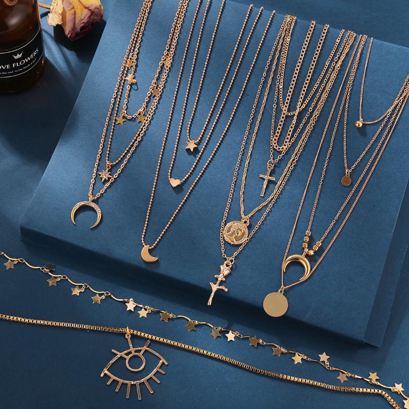 Bohemian Crescent Moon Star Multi Layered Necklaces For Women Choker Vintage Coin Cross Pendant Necklace Statement Jewelry 2024