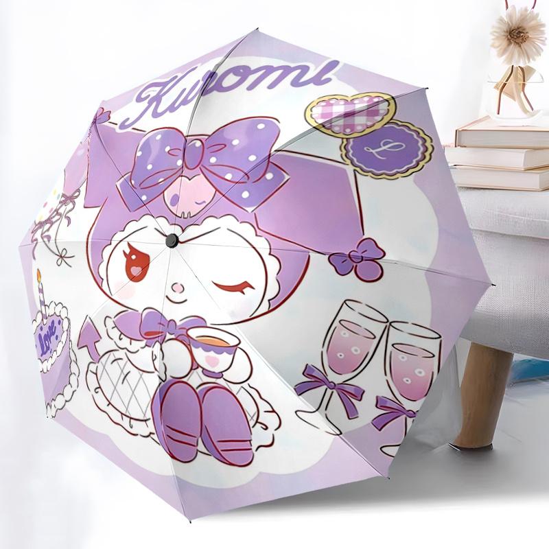1pc Kuromi Automatic Opening Folding Umbrella with Heart-Shaped Decoration - Portable 3-Fold Design, 8-Rib Iron Frame Outdoor Umbrella for Festive Gif