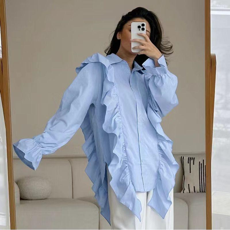 

New French style Lapel Frill Loose Design Shirts Flip Collar Lotus Leaf Shirt Blue S
