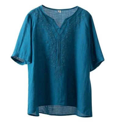 Cotton V-neck Summer New Cotton Linen Shirt for Women Literary Loose Pullover Embroidery Short-sleeved T-shirt for Women Embroidered Top