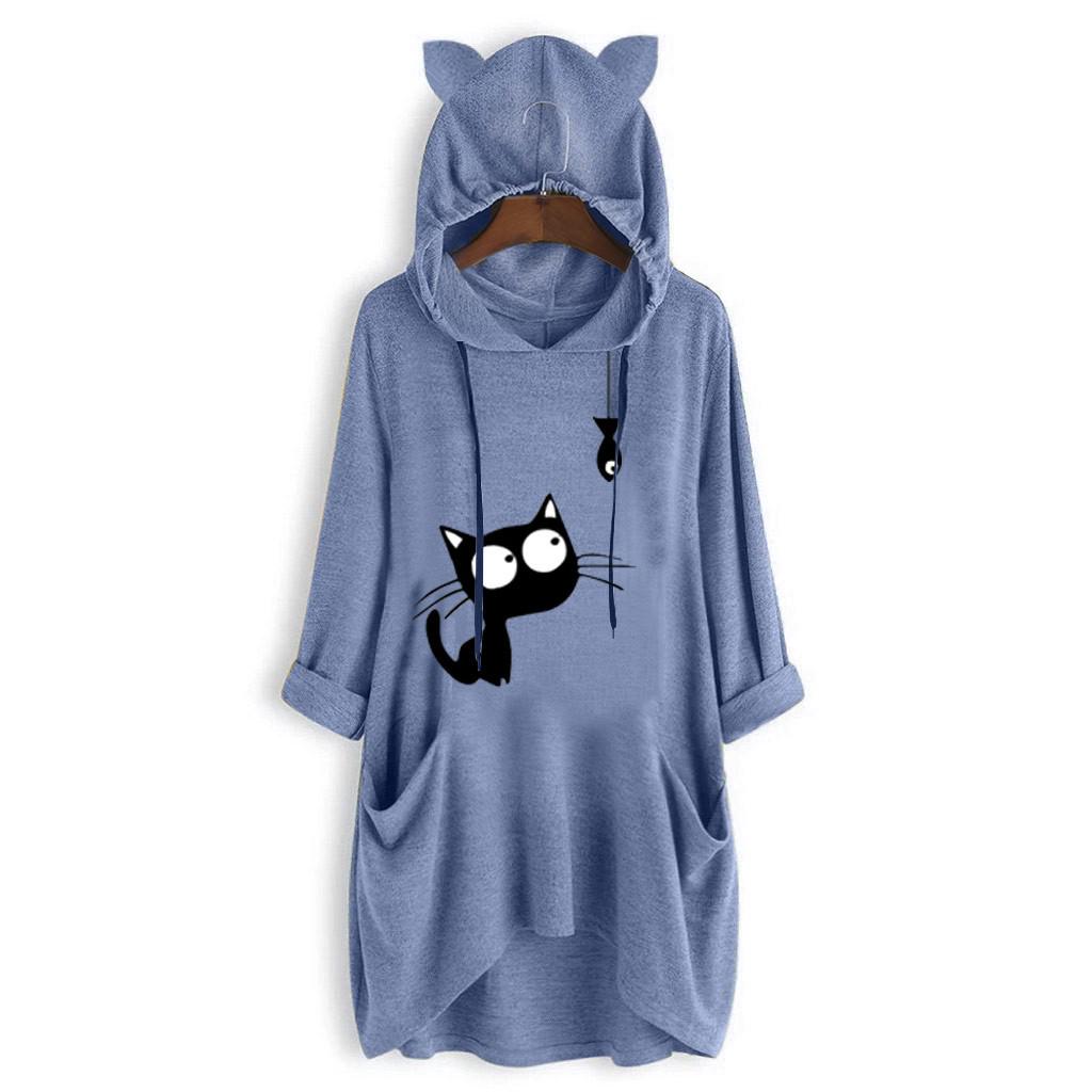 Женская повседневная печать с кошачьими ушками и капюшоном с длинными рукавами и карманом нерегулярная верхняя блузка M 1698₽