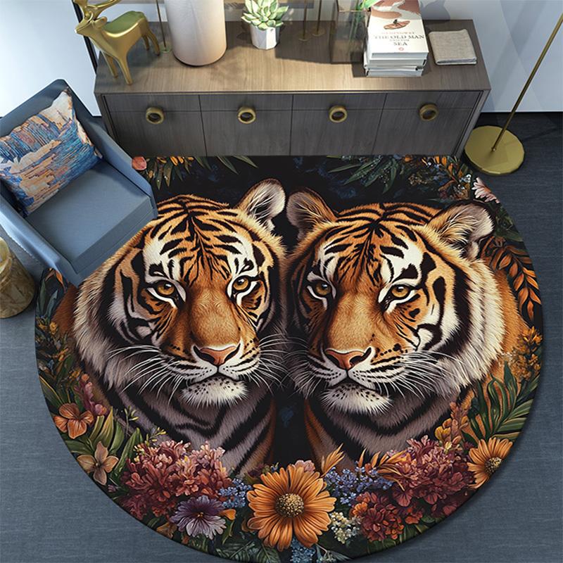 Tiger Artwork Round Area Rug,Carpet Rug for Living Room Bedroom Sofa Playroom Decor,Non-slip Floor Mat