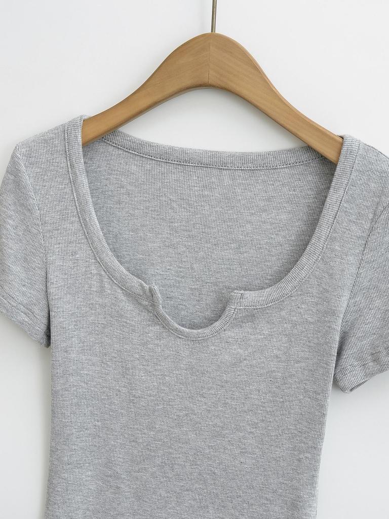 Summer 2025 European & American Style Ribbed Slim Fit U-Neck Short Sleeve Top