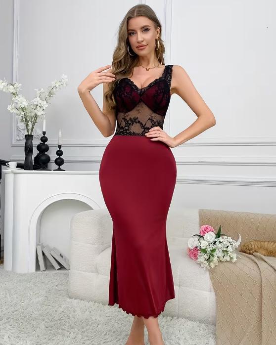 Elegant Lace Patchwork See-Through High-Waisted Slim Dress 3484 Extra Large вино красного