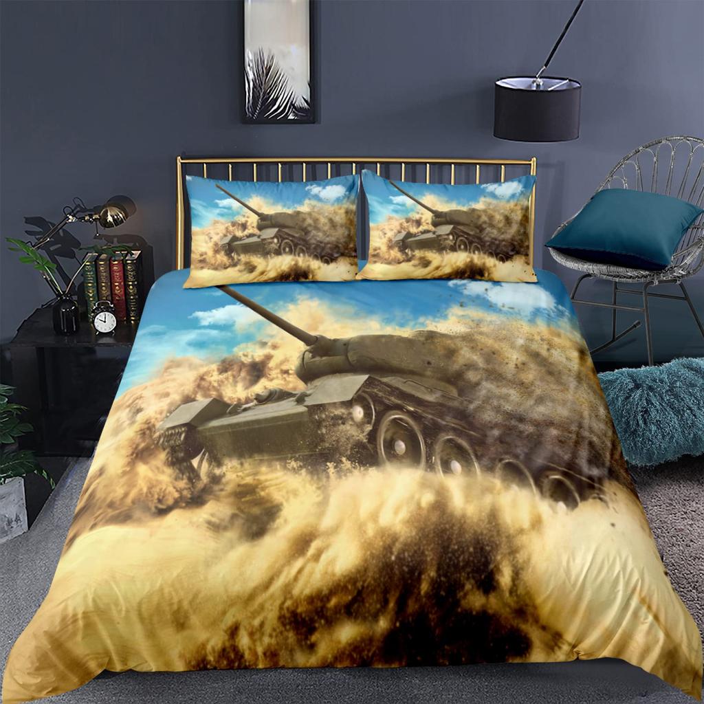Cartoon Tank Duvet Cover War Theme Bedding Set For Kids Boys Man Soldier Camouflage Army Acting Polyester Comforter Cover King