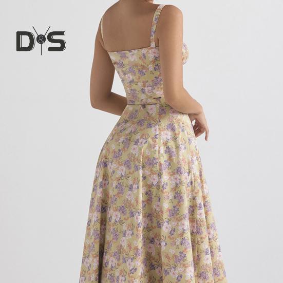 Damesjurk Laag uitgesneden rugloze mouw Bloemenprint Hoge strakke taille Hoge split Zomer Midi-jurk Feestgala Strandjurk