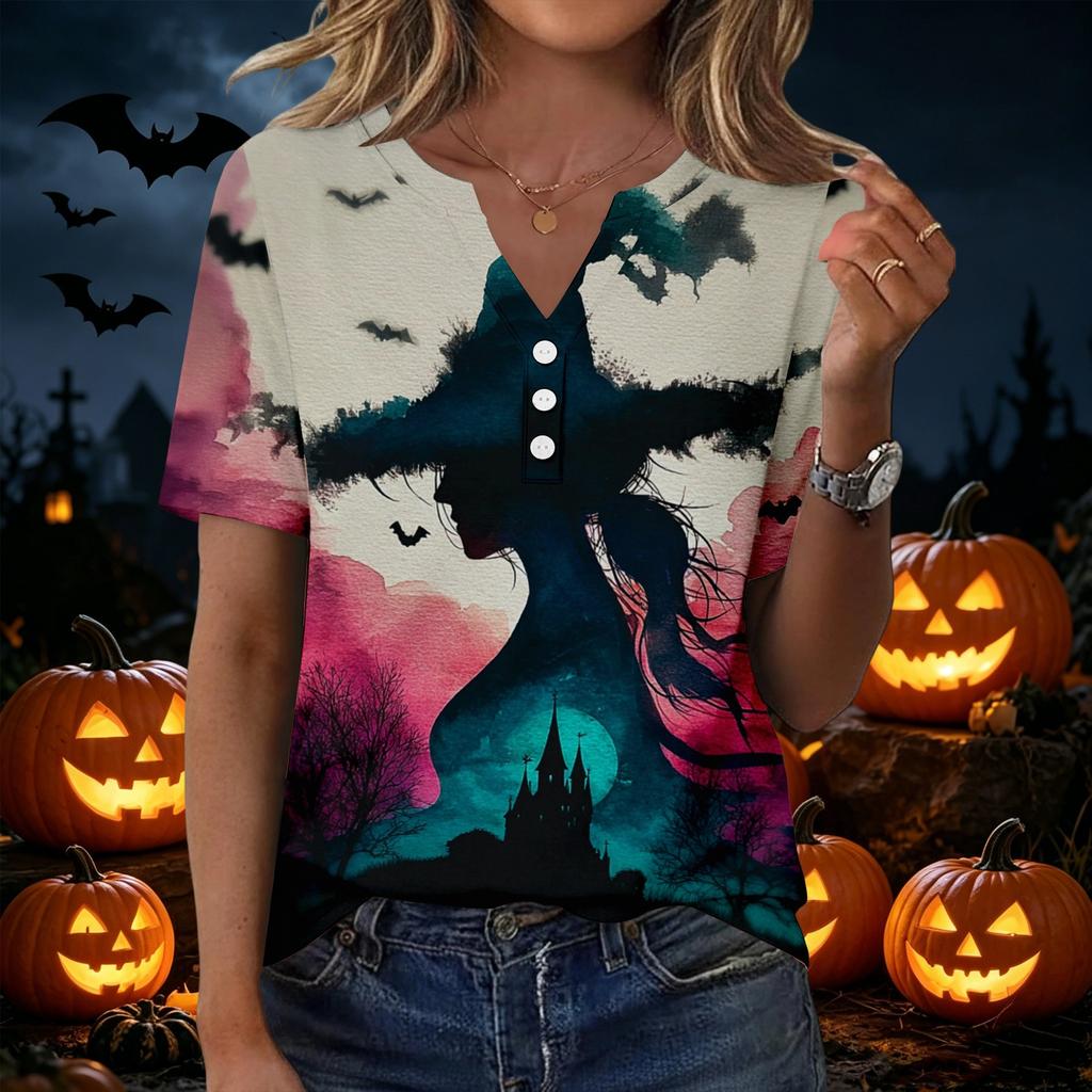 Women's Casual V Neck Button Front Top Halloween Print Short Sleeve Relaxed Fit Blouse Lightweight Breathable Fabric