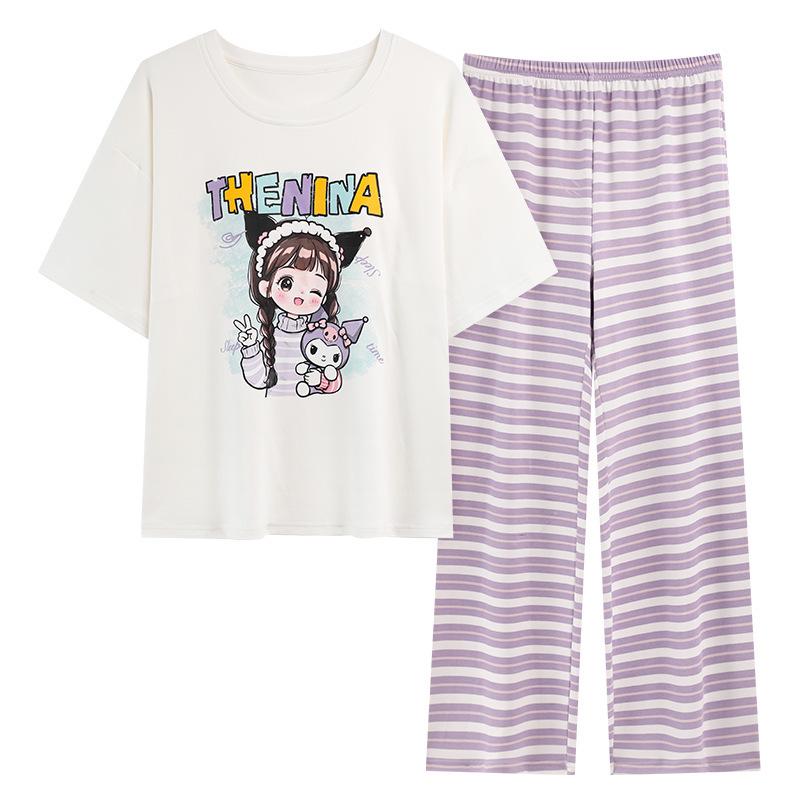 Summer Cotton Pajama Set for Women: Short Sleeve, Long Pants, Cute Design for Teens, Perfect for Spring and Summer.